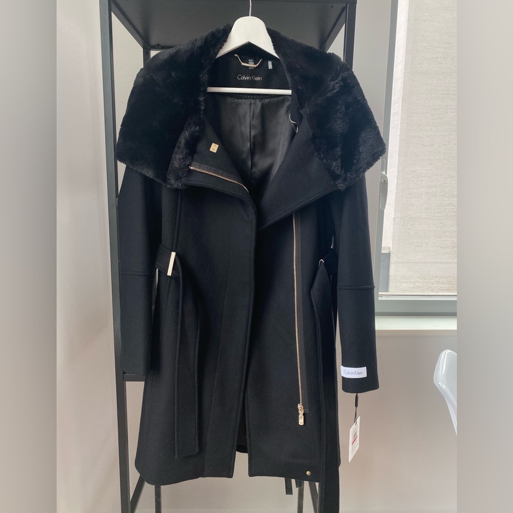 Calvin Klein Faux-Fur-Trim Wool-blend Coat